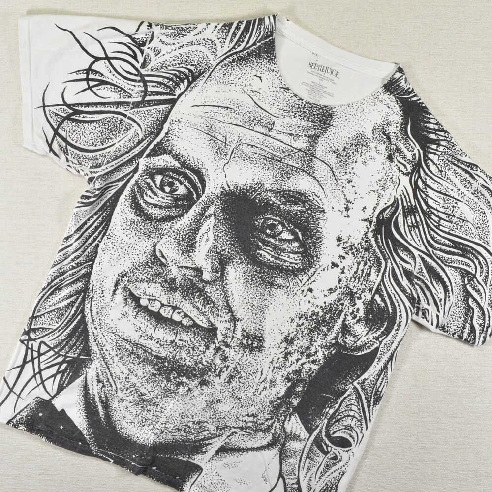Beetlejuice All Over Print T Shirt Large White Black Sketch Face Graphic Tee